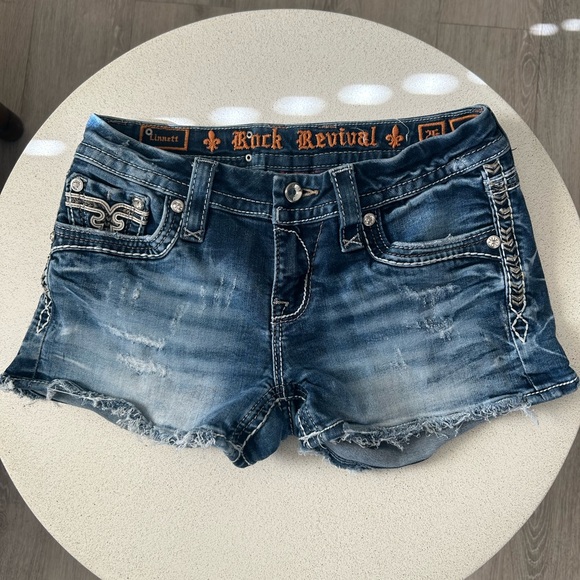 Rock Revival Pants - Rock Revival Distressed Dark Blue Denim Cutoff Shorts